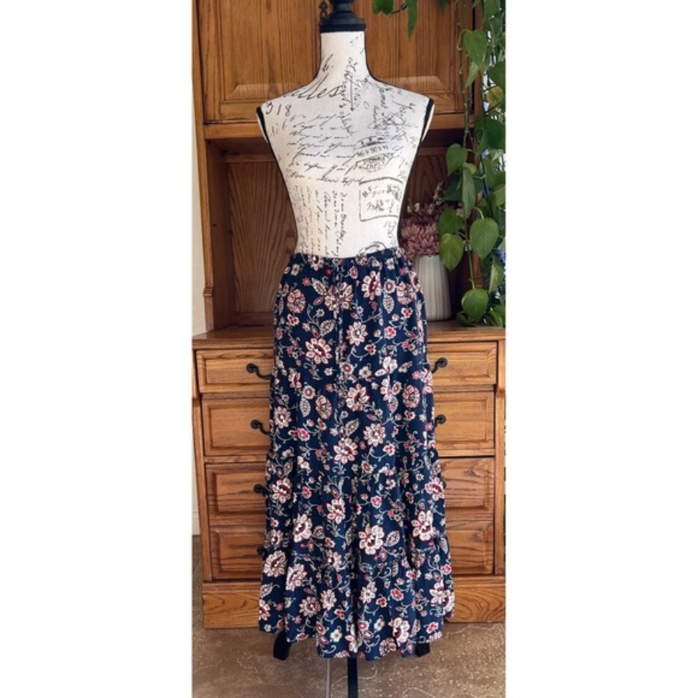 Vintage White Stag Navy Floral Paisley Tiered Maxi Skirt Boho Large 12/14 - Picture 3 of 6